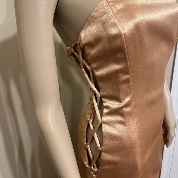 Beautiful custom made Gold Satin Prom Dress.  Strapless and lace up on the sides - Picture 5 of 5